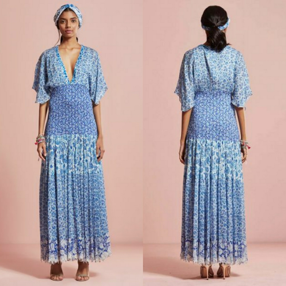 Hemant + Nandita blue ruffle maxi dress size medium
